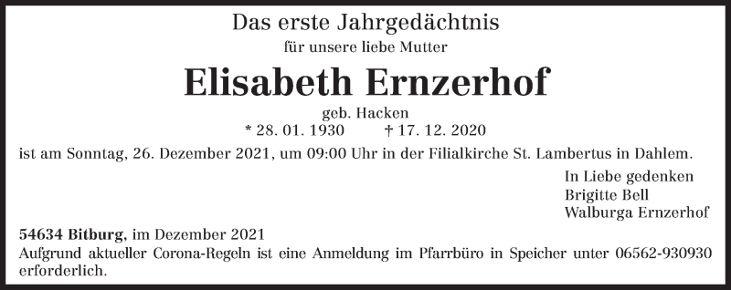  Traueranzeige für Elisabeth Ernzerhof vom 22.12.2021 aus trierischer_volksfreund