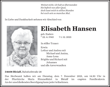 Traueranzeige von Elisabeth Hansen von trierischer_volksfreund