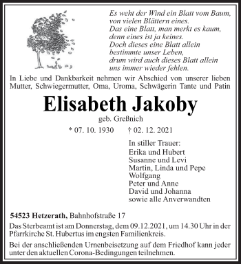 Traueranzeige von Elisabeth Jakoby von trierischer_volksfreund