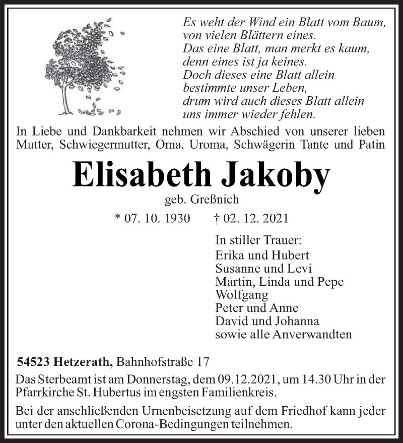  Traueranzeige für Elisabeth Jakoby vom 06.12.2021 aus trierischer_volksfreund