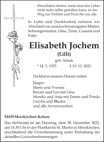 Traueranzeige von Elisabeth Jochem von trierischer_volksfreund