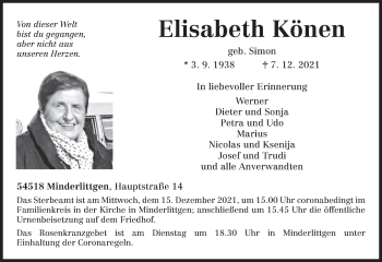 Traueranzeige von Elisabeth Könen von trierischer_volksfreund