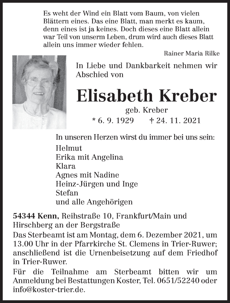 Traueranzeige für Elisabeth Kreber vom 01.12.2021 aus trierischer_volksfreund