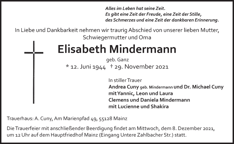  Traueranzeige für Elisabeth Mindermann vom 04.12.2021 aus trierischer_volksfreund