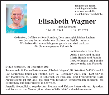 Traueranzeige von Elisabeth Wagner von trierischer_volksfreund