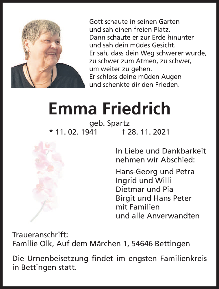  Traueranzeige für Emma Friedrich vom 04.12.2021 aus trierischer_volksfreund