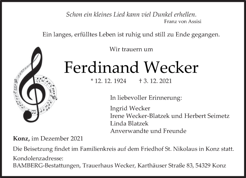  Traueranzeige für Ferdinand Wecker vom 09.12.2021 aus trierischer_volksfreund