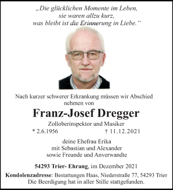 Traueranzeige von Franz-Josef Dregger von trierischer_volksfreund