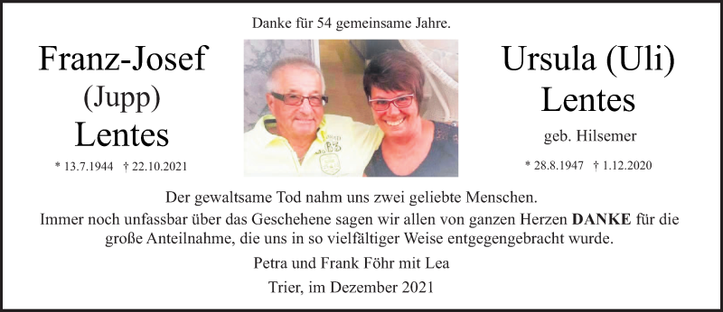  Traueranzeige für Franz-Josef Lentes vom 18.12.2021 aus trierischer_volksfreund