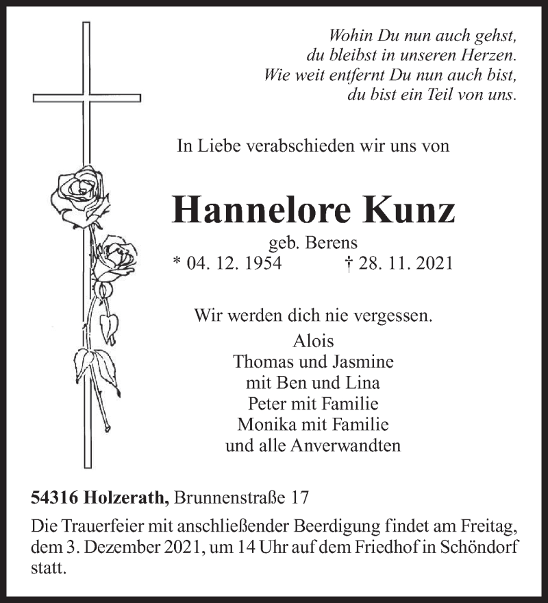 Traueranzeige für Hannelore Kunz vom 01.12.2021 aus trierischer_volksfreund