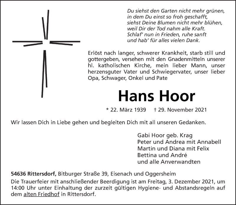  Traueranzeige für Hans Hoor vom 01.12.2021 aus trierischer_volksfreund