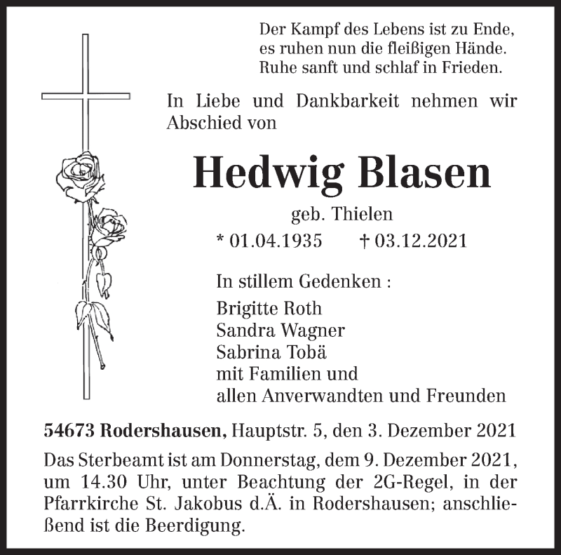  Traueranzeige für Hedwig Blasen vom 06.12.2021 aus trierischer_volksfreund