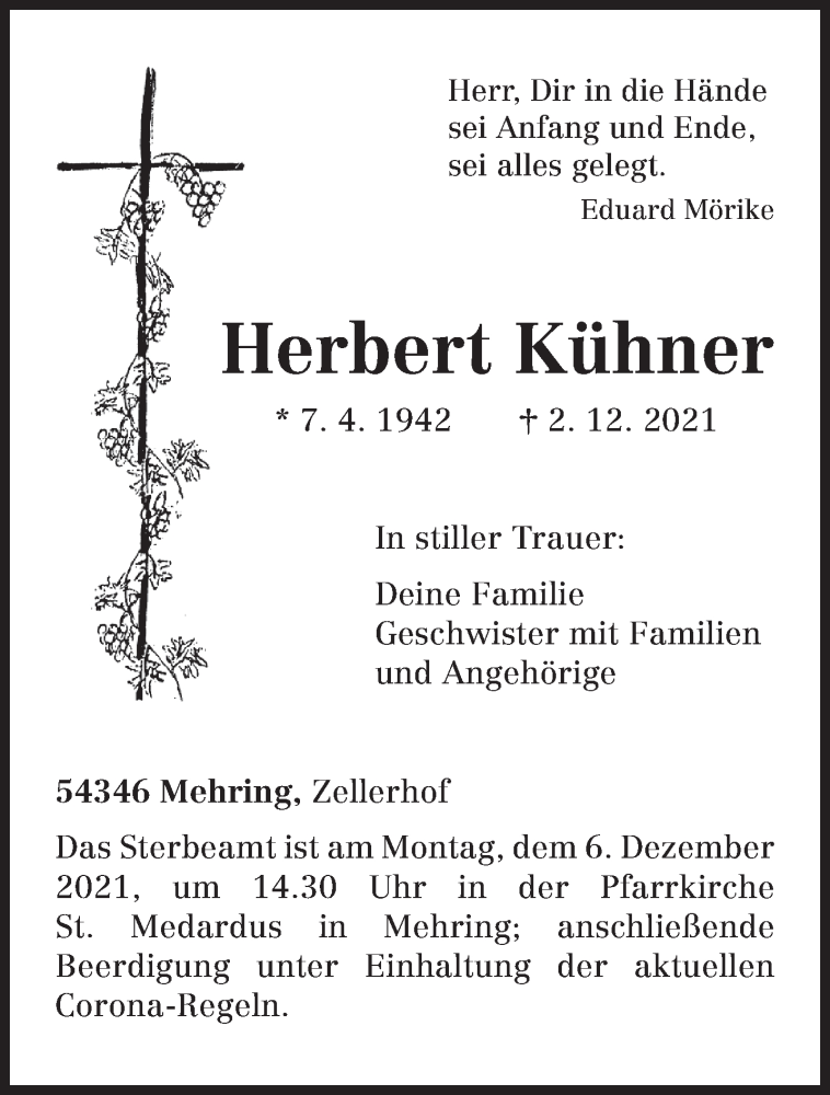  Traueranzeige für Herbert Kühner vom 04.12.2021 aus trierischer_volksfreund