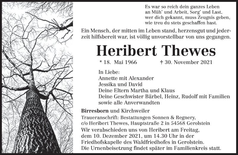  Traueranzeige für Heribert Thewes vom 04.12.2021 aus trierischer_volksfreund