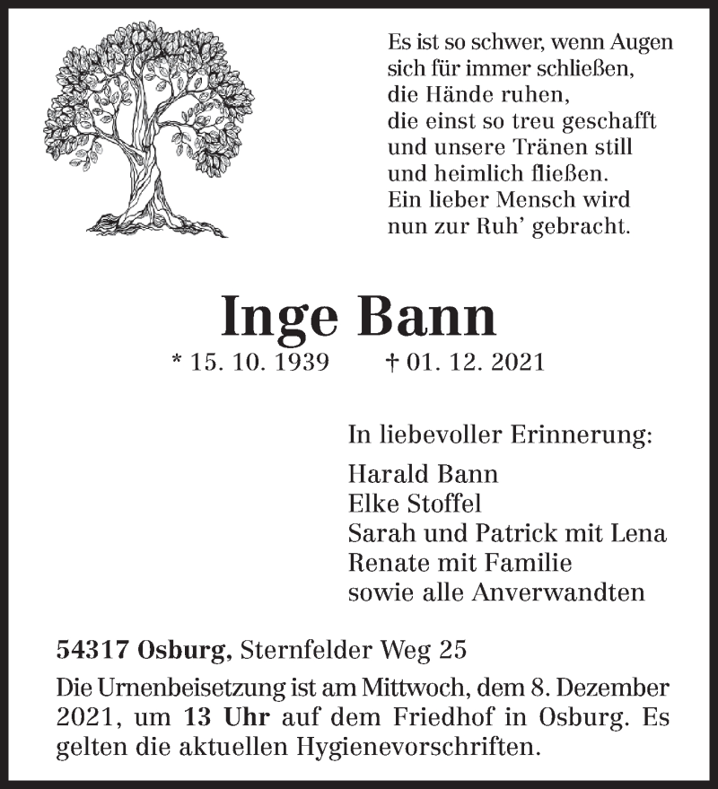  Traueranzeige für Inge Bann vom 04.12.2021 aus trierischer_volksfreund