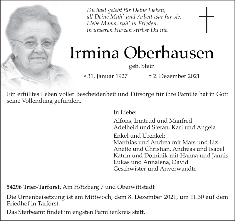  Traueranzeige für Irmina Oberhausen vom 04.12.2021 aus trierischer_volksfreund