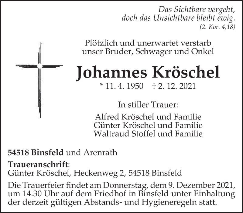  Traueranzeige für Johannes Kröschel vom 07.12.2021 aus trierischer_volksfreund