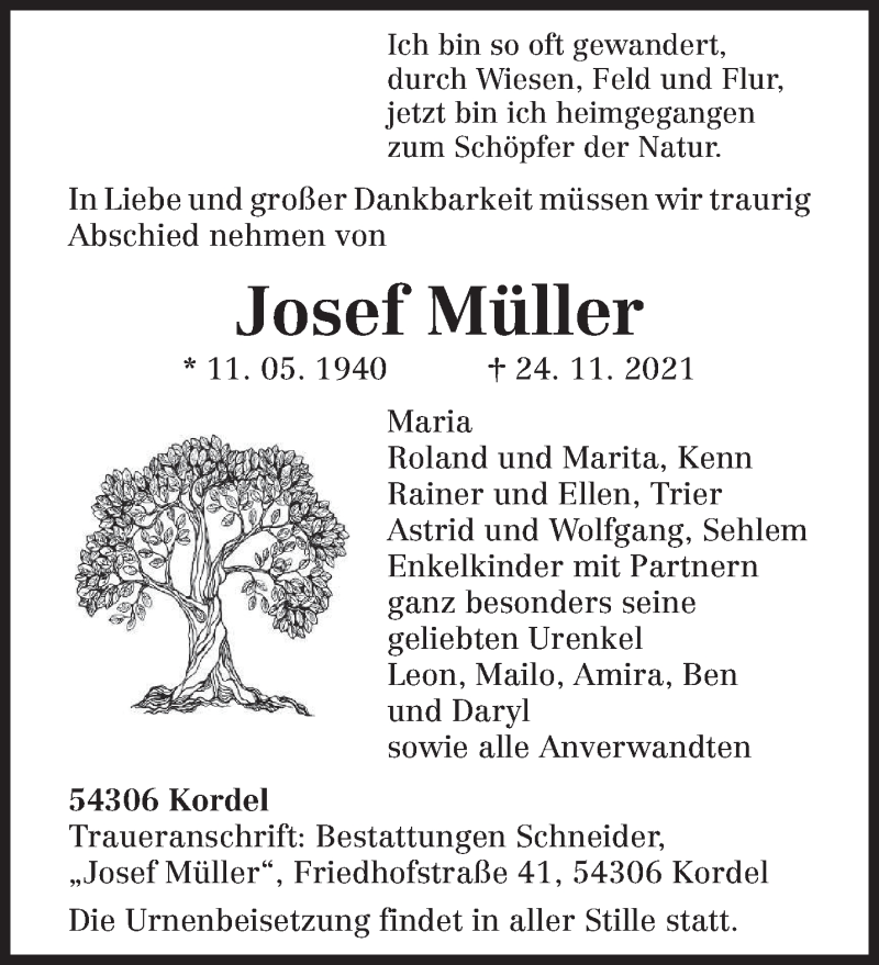  Traueranzeige für Josef Müller vom 01.12.2021 aus trierischer_volksfreund