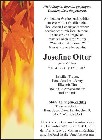 Traueranzeige von Josefine Otter von trierischer_volksfreund
