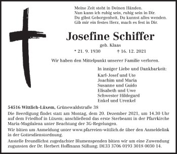 Traueranzeige von Josefine Schiffer von trierischer_volksfreund