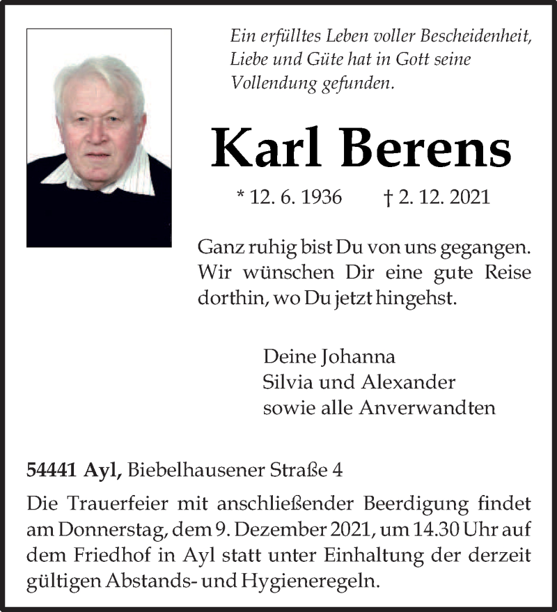  Traueranzeige für Karl Berens vom 06.12.2021 aus trierischer_volksfreund