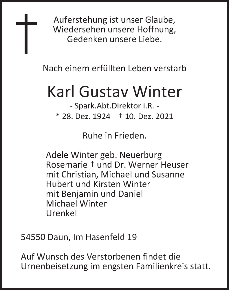  Traueranzeige für Karl Gustav Winter vom 20.12.2021 aus trierischer_volksfreund