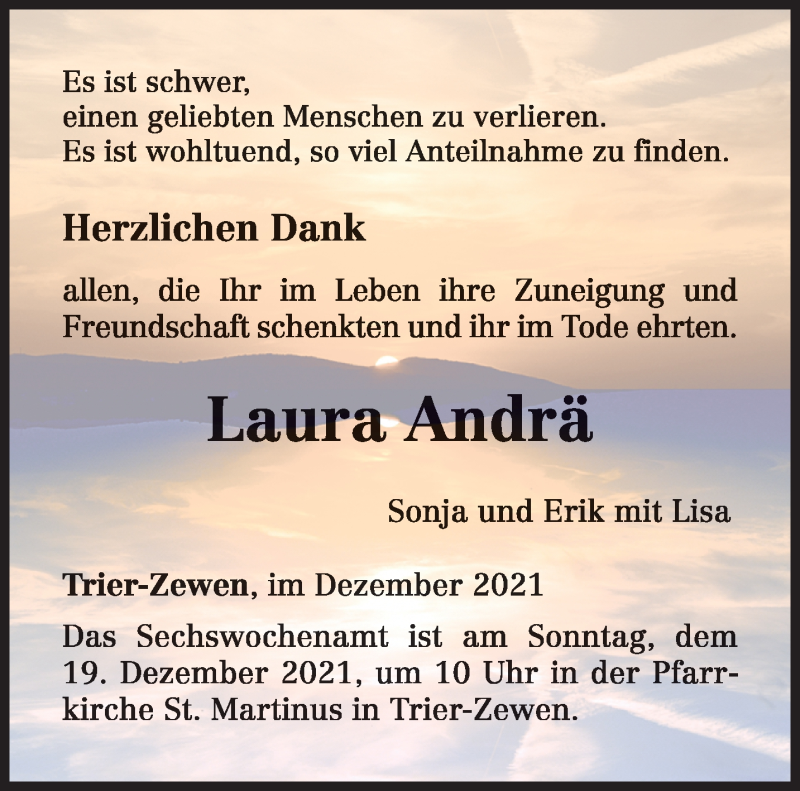  Traueranzeige für Laura Andrä vom 11.12.2021 aus trierischer_volksfreund