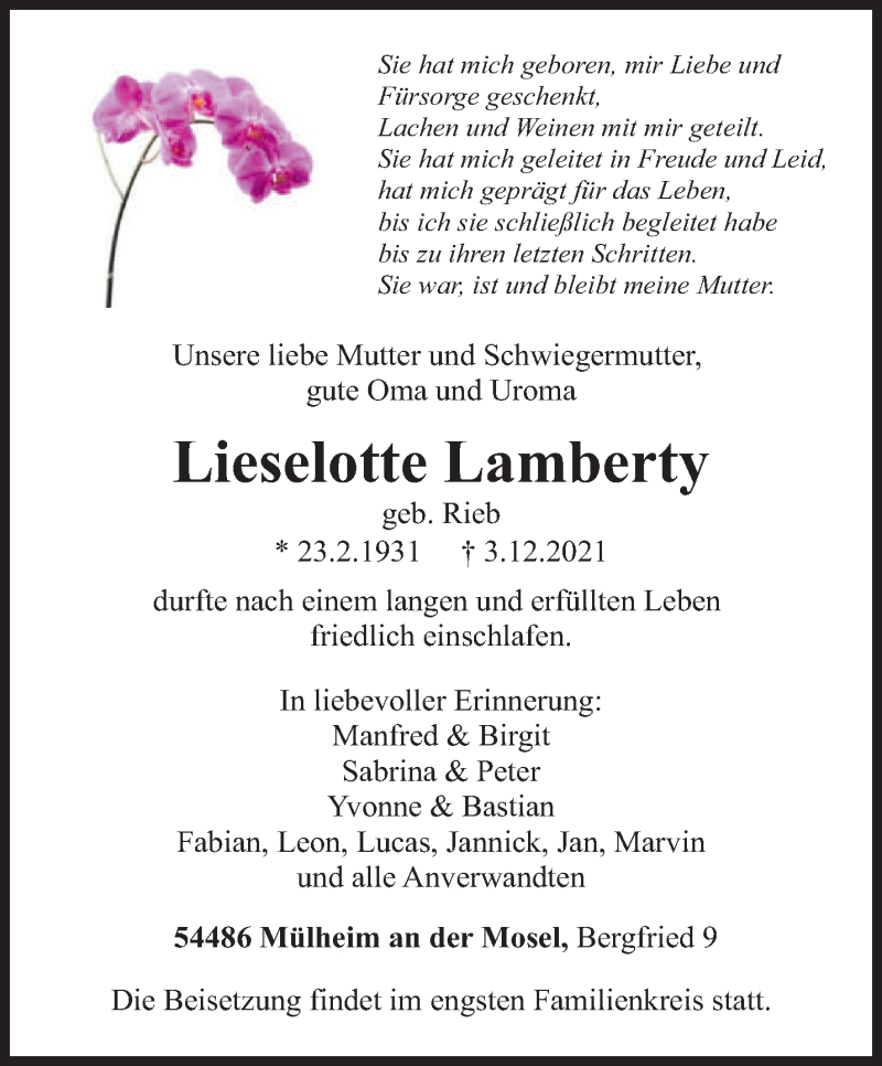  Traueranzeige für Lieselotte Lamberty vom 06.12.2021 aus trierischer_volksfreund