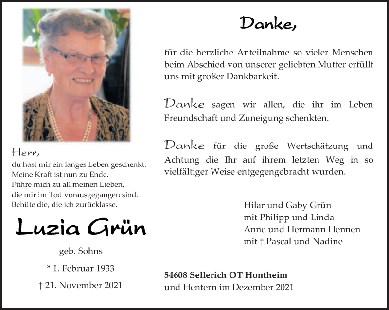  Traueranzeige für Luzia Grün vom 11.12.2021 aus trierischer_volksfreund
