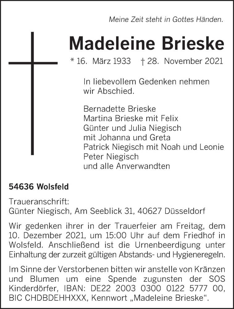  Traueranzeige für Madeleine Brieske vom 04.12.2021 aus trierischer_volksfreund