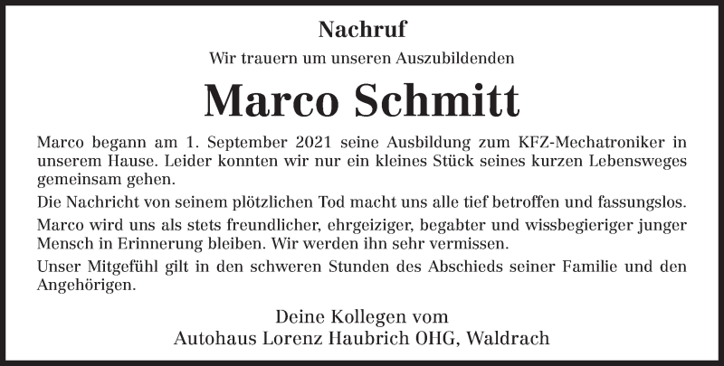  Traueranzeige für Marco Schmitt vom 04.12.2021 aus trierischer_volksfreund