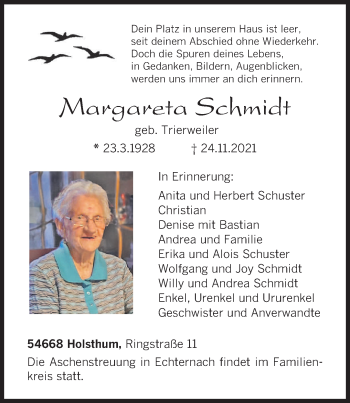 Traueranzeige von Margareta Schmidt von trierischer_volksfreund