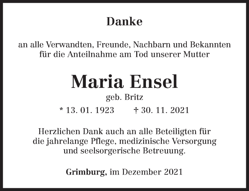  Traueranzeige für Maria Ensel vom 24.12.2021 aus trierischer_volksfreund