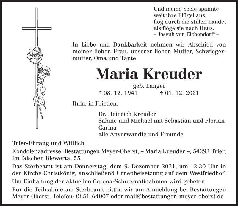  Traueranzeige für Maria Kreuder vom 04.12.2021 aus trierischer_volksfreund