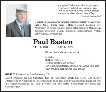 Traueranzeige von Paul Basten von trierischer_volksfreund
