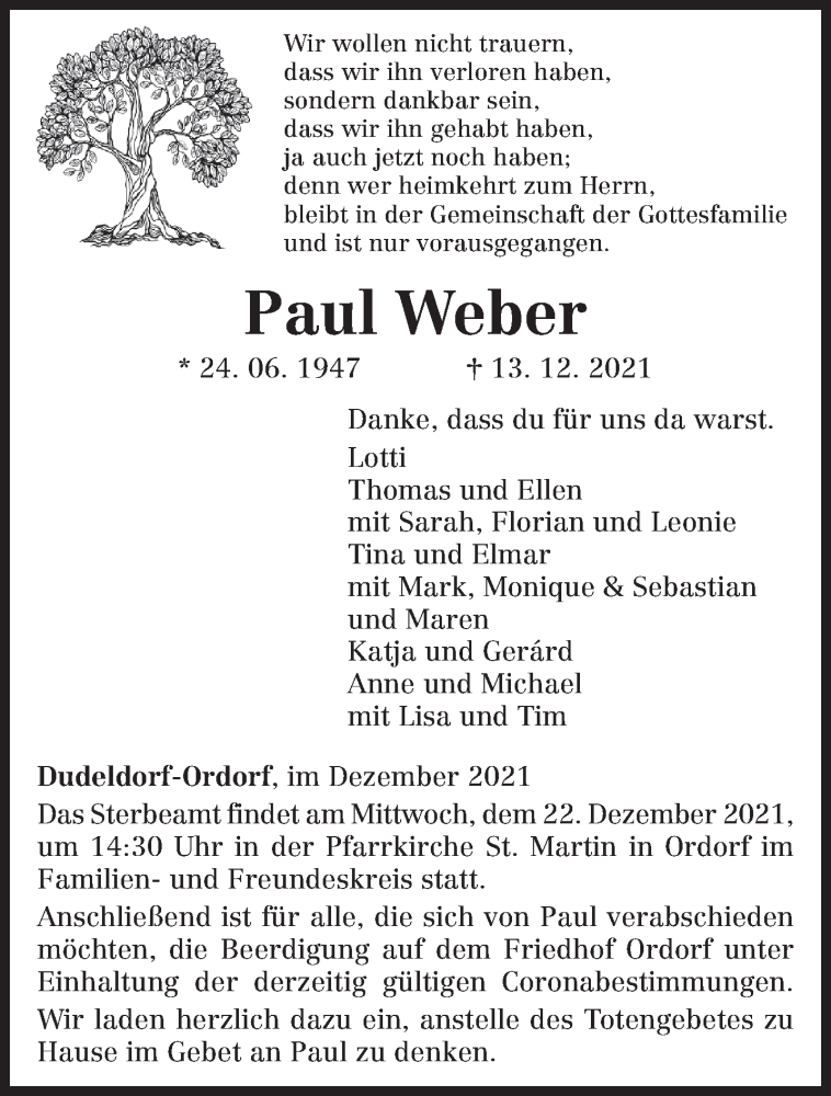  Traueranzeige für Paul Weber vom 18.12.2021 aus trierischer_volksfreund