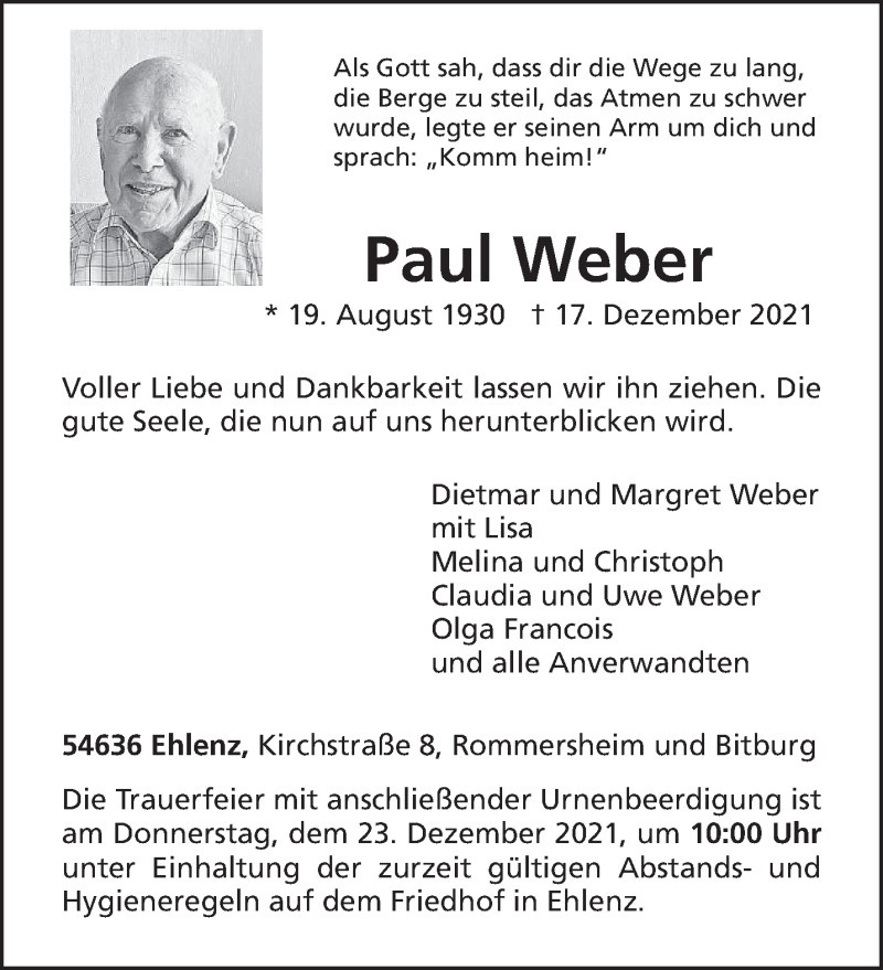  Traueranzeige für Paul Weber vom 21.12.2021 aus trierischer_volksfreund