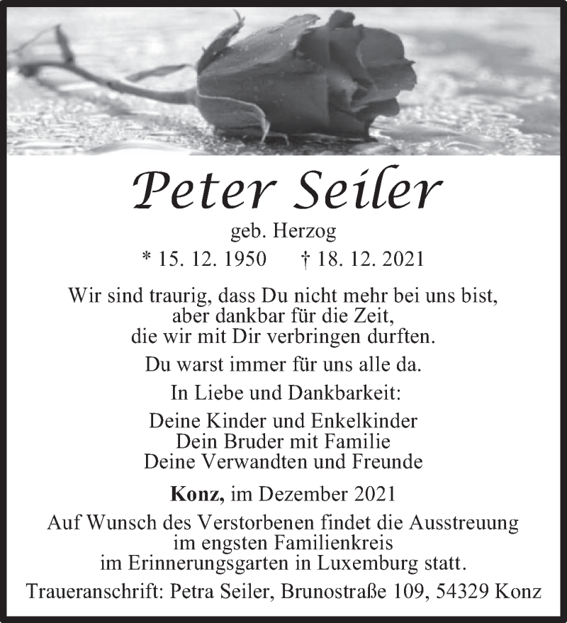  Traueranzeige für Peter Seiler vom 24.12.2021 aus trierischer_volksfreund