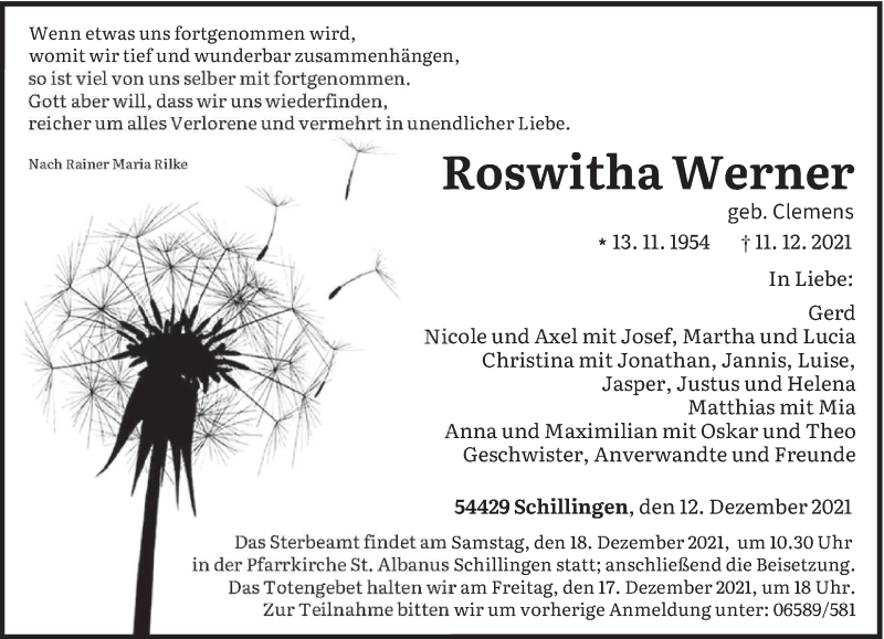  Traueranzeige für Roswitha Werner vom 15.12.2021 aus trierischer_volksfreund