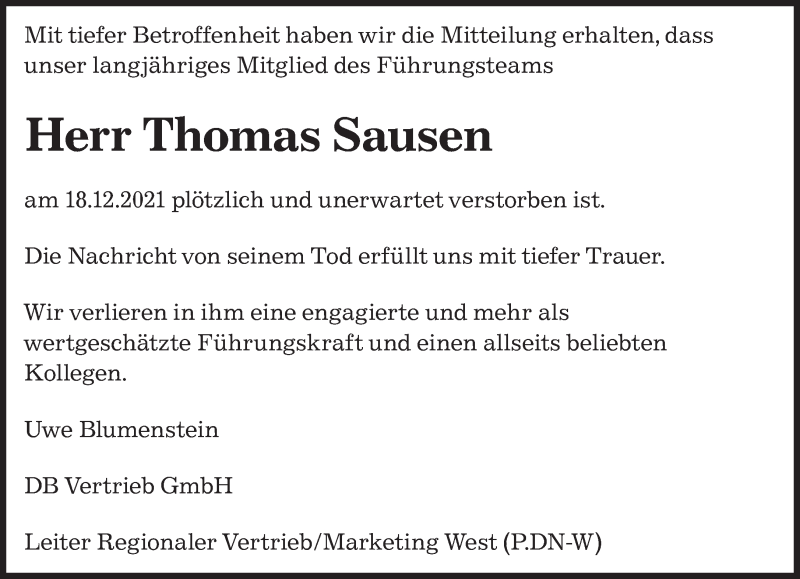  Traueranzeige für Thomas Sausen vom 27.12.2021 aus trierischer_volksfreund