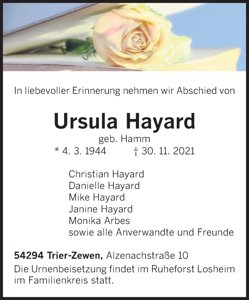 Traueranzeige für Ursula Hayard vom 04.12.2021 aus trierischer_volksfreund