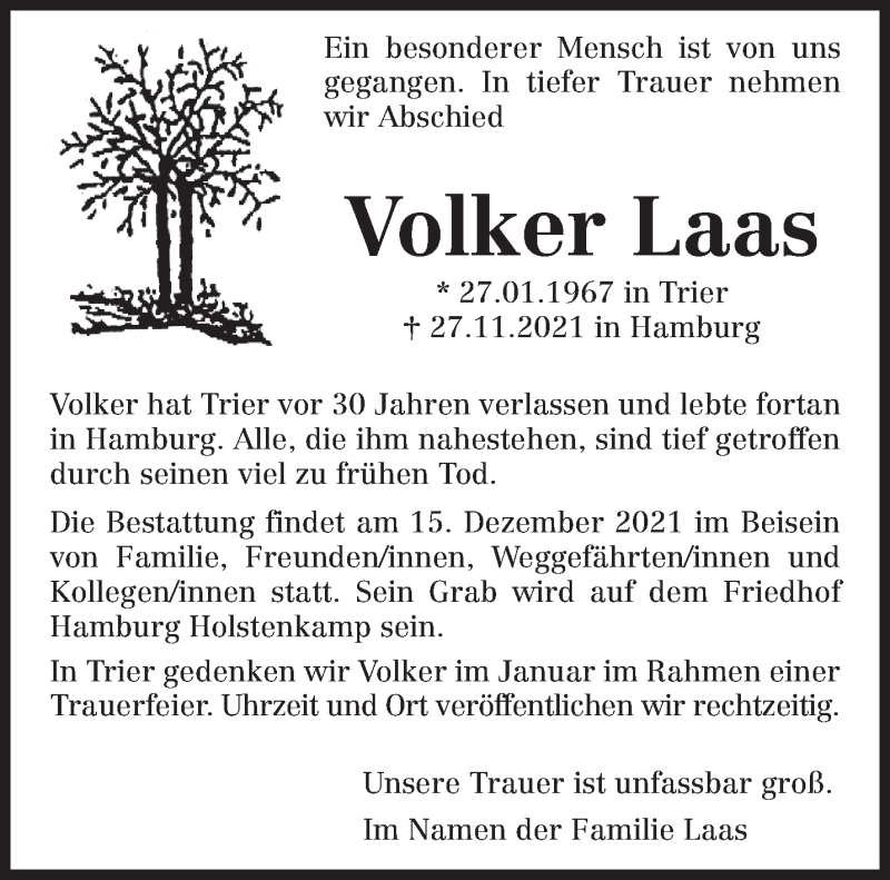  Traueranzeige für Volker Laas vom 11.12.2021 aus trierischer_volksfreund