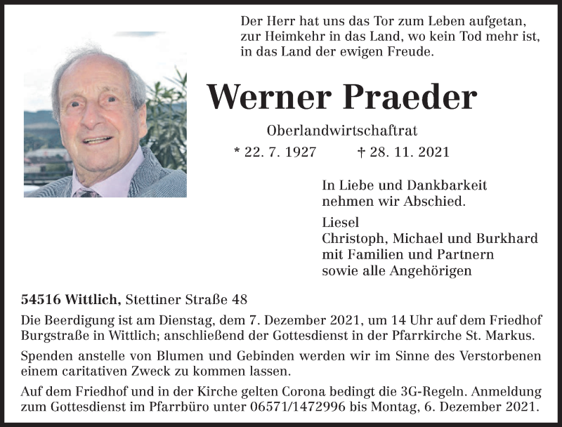  Traueranzeige für Werner Praeder vom 01.12.2021 aus trierischer_volksfreund