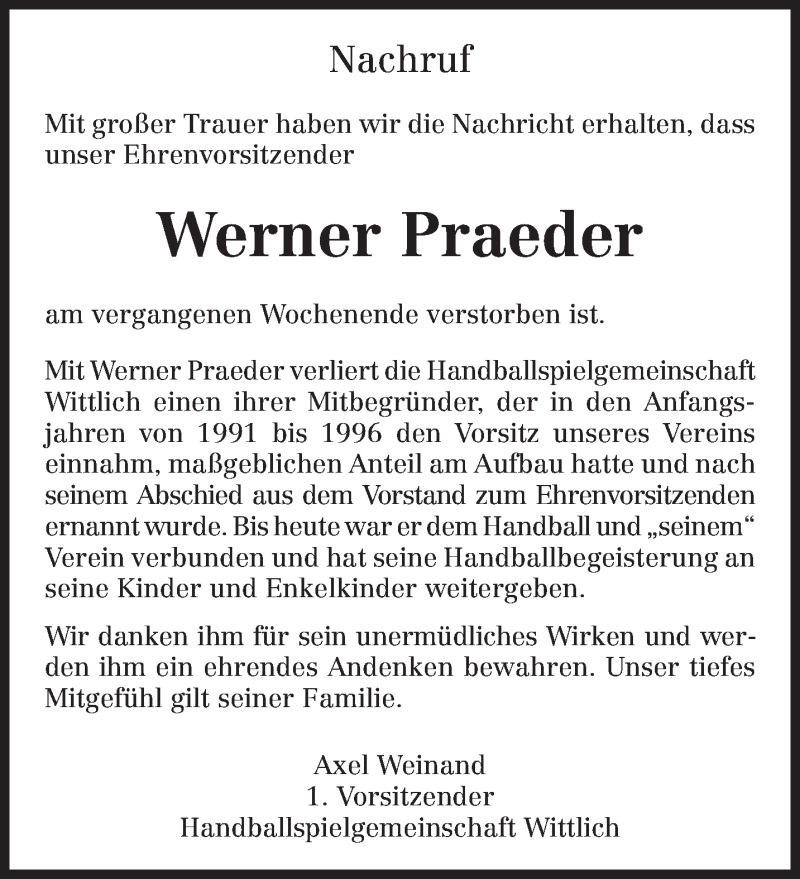  Traueranzeige für Werner Praeder vom 04.12.2021 aus trierischer_volksfreund