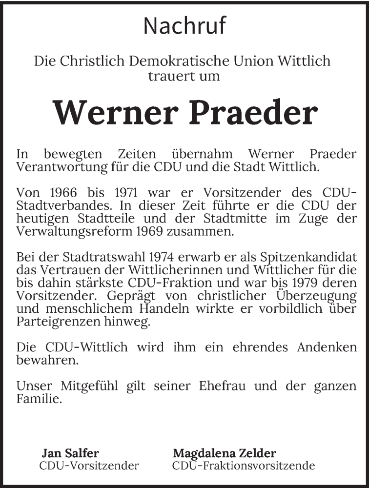  Traueranzeige für Werner Praeder vom 04.12.2021 aus trierischer_volksfreund