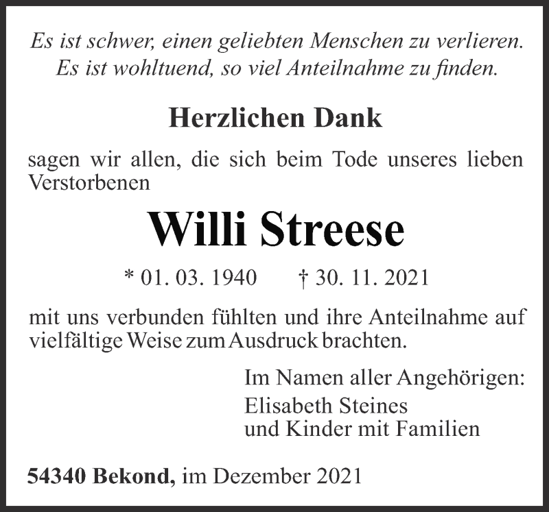  Traueranzeige für Willi Streese vom 18.12.2021 aus trierischer_volksfreund
