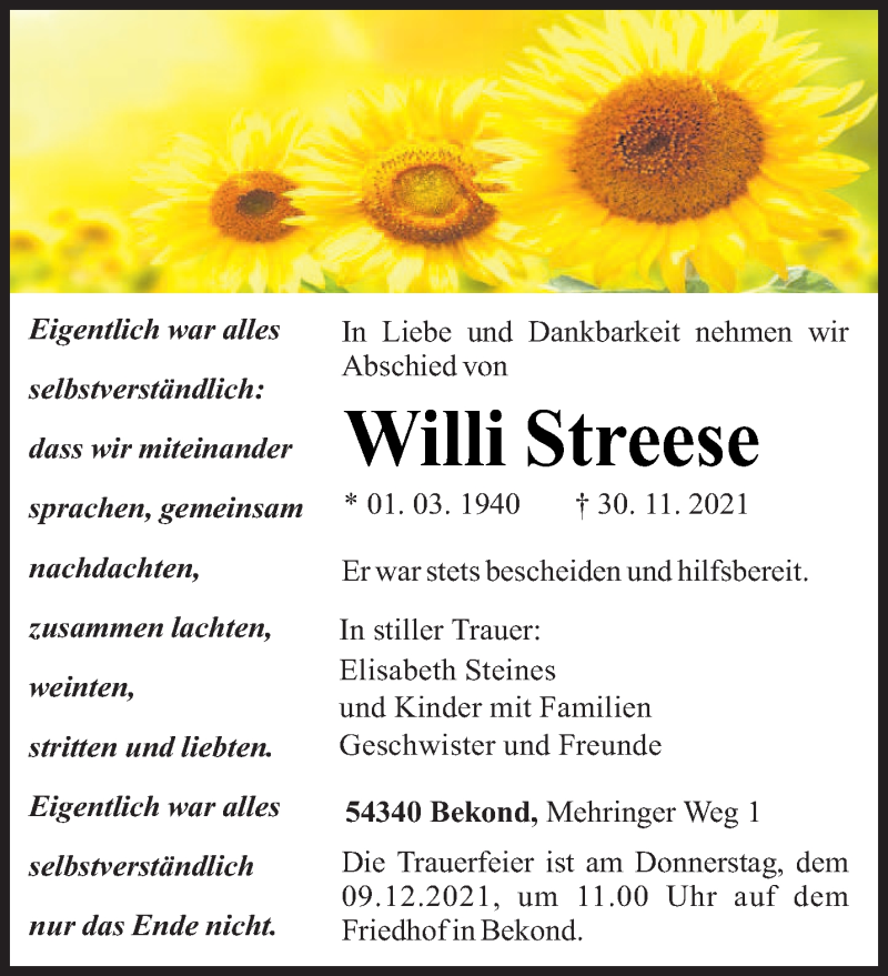  Traueranzeige für Willi Streese vom 04.12.2021 aus trierischer_volksfreund