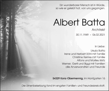 Traueranzeige von Albert Batta von trierischer_volksfreund