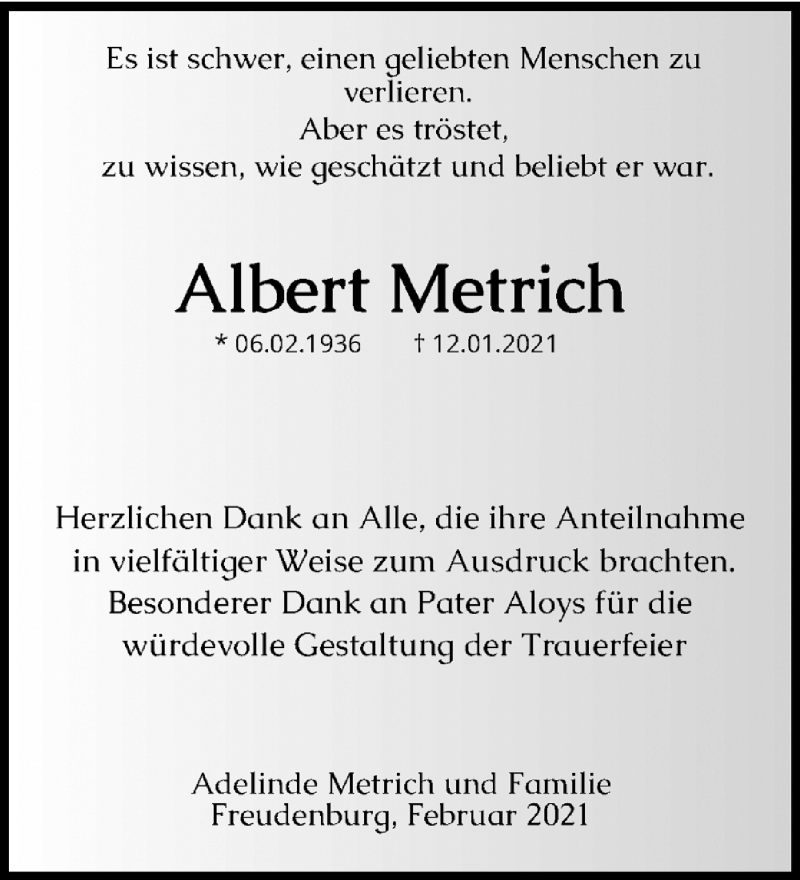  Traueranzeige für Albert Metrich vom 13.02.2021 aus trierischer_volksfreund