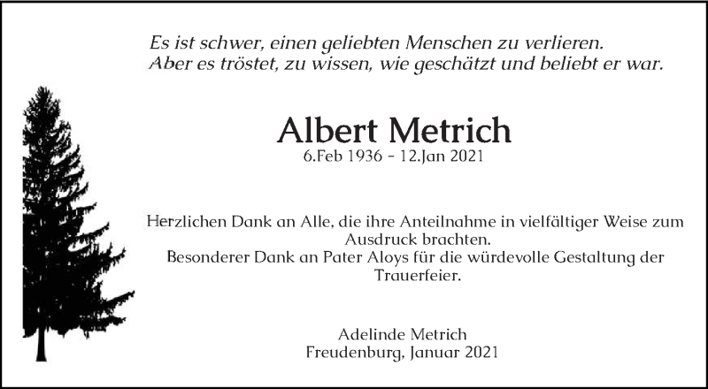  Traueranzeige für Albert Metrich vom 06.02.2021 aus trierischer_volksfreund